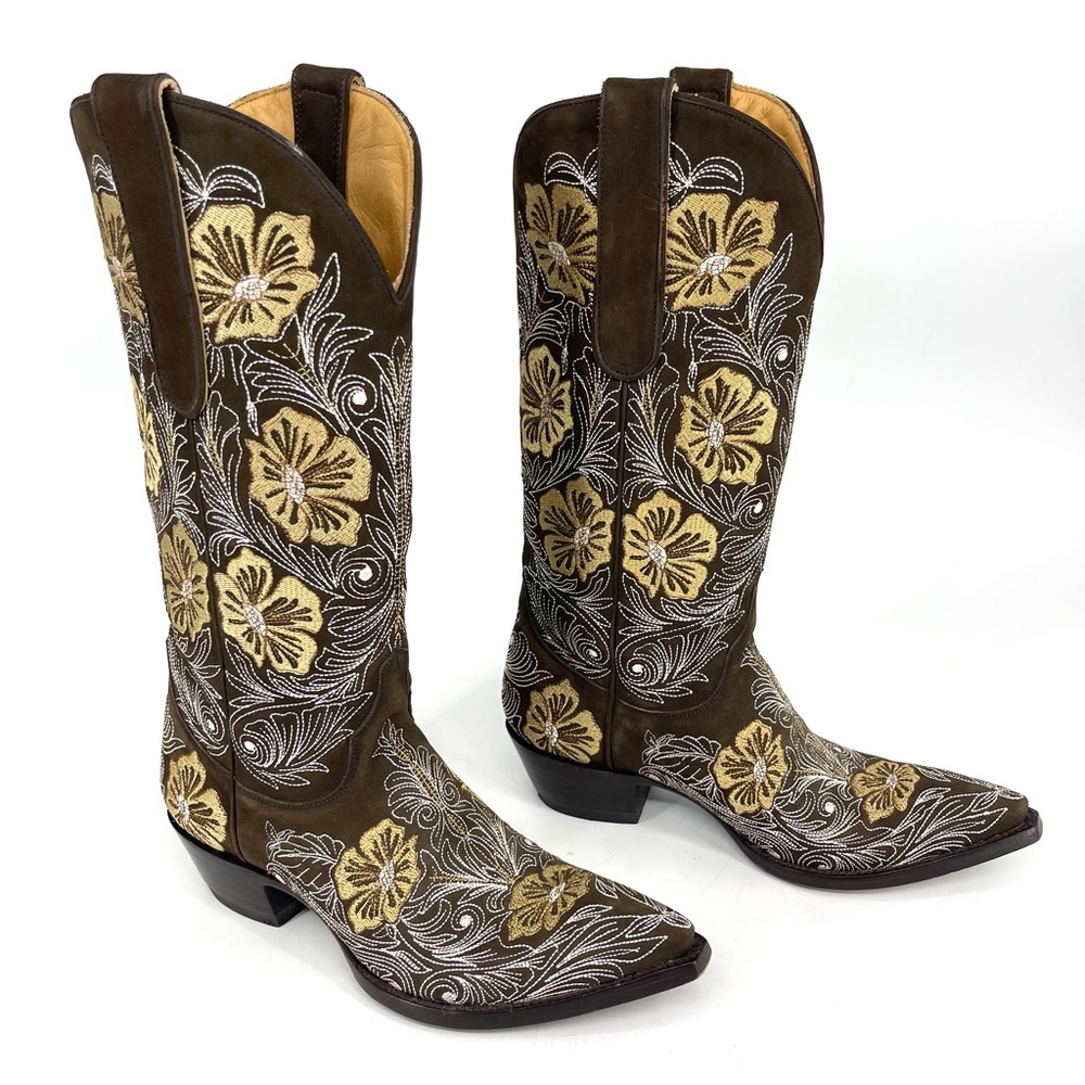 ✨Old Gringo Brown Leather Embroider Tan Butter Yellow Floral Heel Boot 6.5 Rodeo